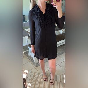 Whitney Classy Black Button Front Chiffon Ruffle Accent Mini Dress